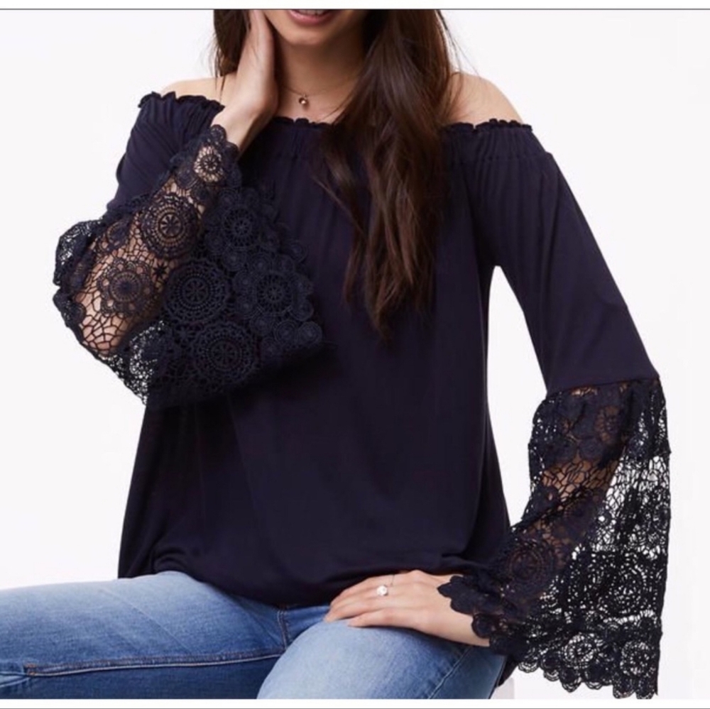 LOFT Navy Blue Off Shoulder Lace Bell Sleeve Top XS